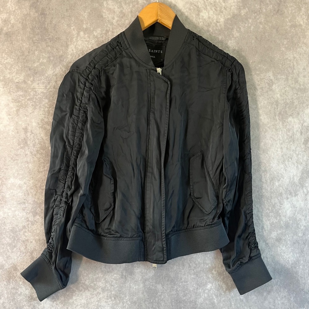 AllSaints Bomber Jacket Womens XS Black Ruched Sleeve Viscose Zip Up W0085N